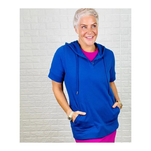 Joan Rivers French Terry Short Sleeve Hoodie XXS Bright Blue Cotton Blend NEW - Picture 7 of 7